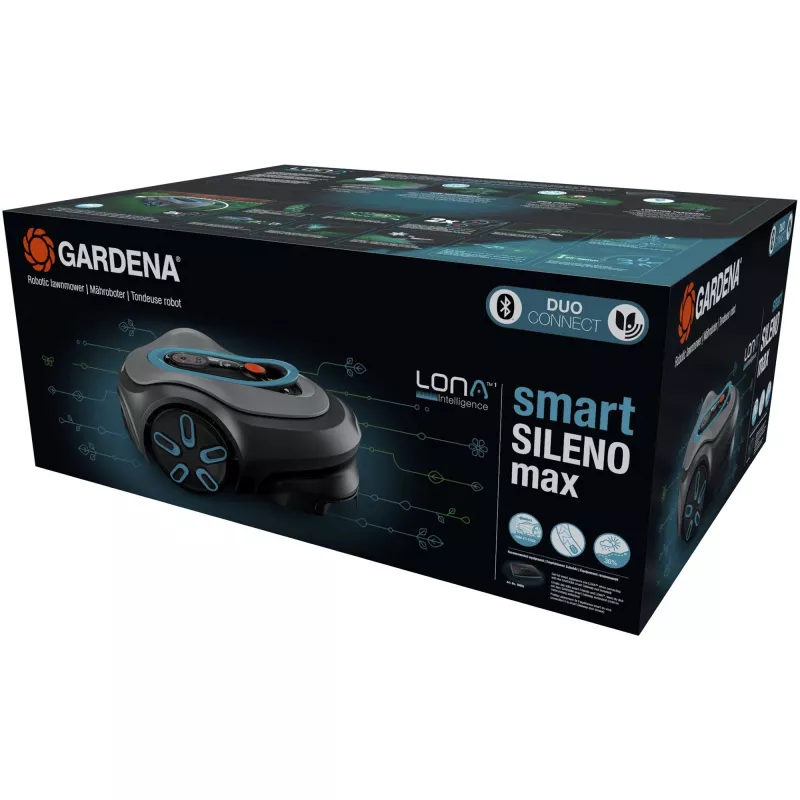 Robot cortacésped GARDENA smart SILENO max — 800 m², 16 cm de ancho de corte, batería, navegación LONA, gris