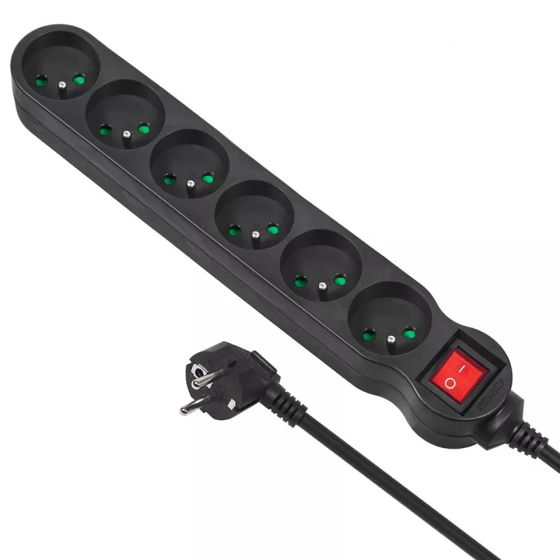Alargador de corriente MACLEAN MCE225 — cable de 1.5 m, 6 tomas AC Type F, interior, negro