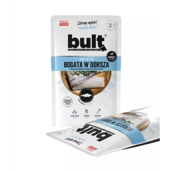 Comida húmeda para perros BULT rica en bacalao 100 g bolsa, perros adultos, sabor pescado, sin soja ni gluten