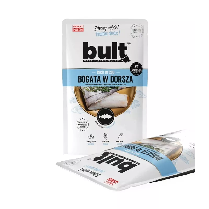 Comida húmeda para perros BULT rica en bacalao 100 g bolsa, perros adultos, sabor pescado, sin soja ni gluten