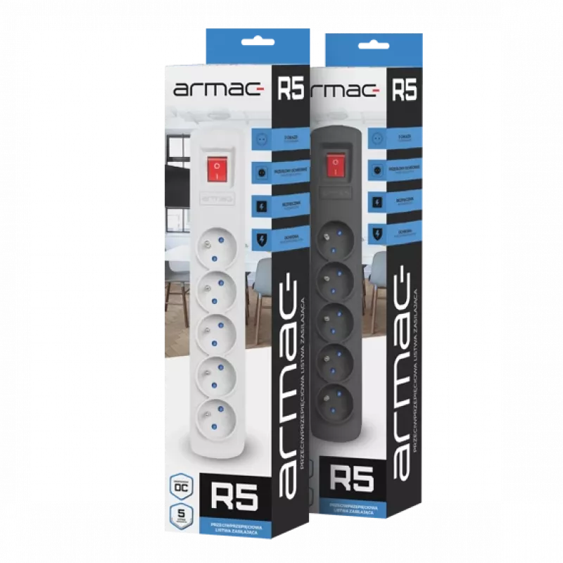 Regleta de enchufes ARMAC R5 — 5 tomas, cable de 5 m, negra