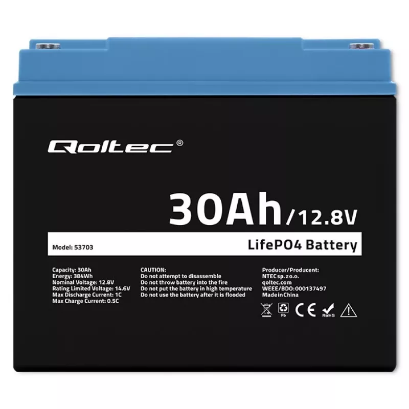 Batería LiFePO4 recargable QOLTEC 12,8V 30Ah 384Wh con BMS