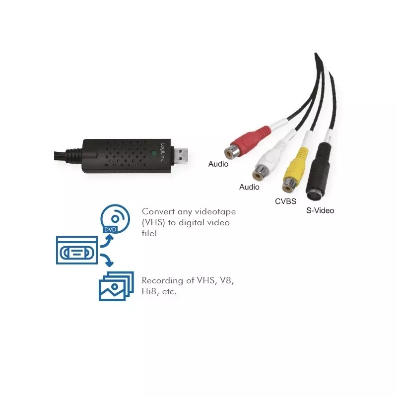 Capturadora USB 2.0 de audio/vídeo LogiLink. USB A/M a 3xCinch + MiniDIN5/H. Negro
