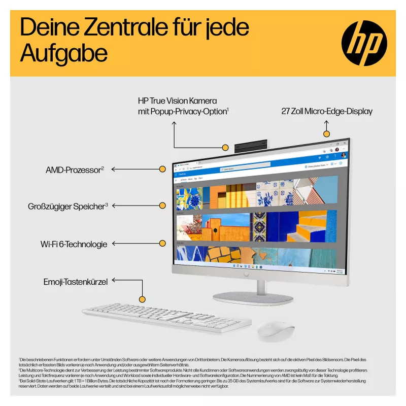 HP 27-cr0471ng - Todo en uno (solución completa) - Ryzen 7 7730U - RAM 16 GB - SSD 512 GB - NVMe - Radeon Graphics - 1GbE, Wi-Fi 6, Bluetooth - WLAN: 802.11a/b/g/n/ac/ax, Bluetooth