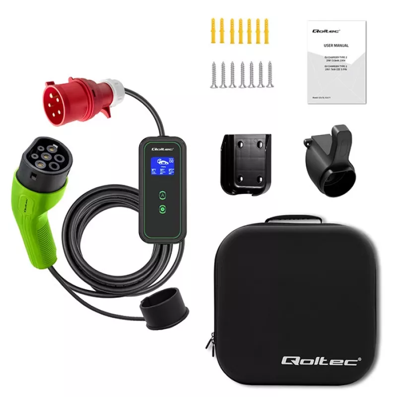 Cargador móvil para coche eléctrico Qoltec ajustable 2 en 1 Type2 | 11 kW | CEE 5 PIN | LCD | 3 fases | portátil | wallbox | 5 m