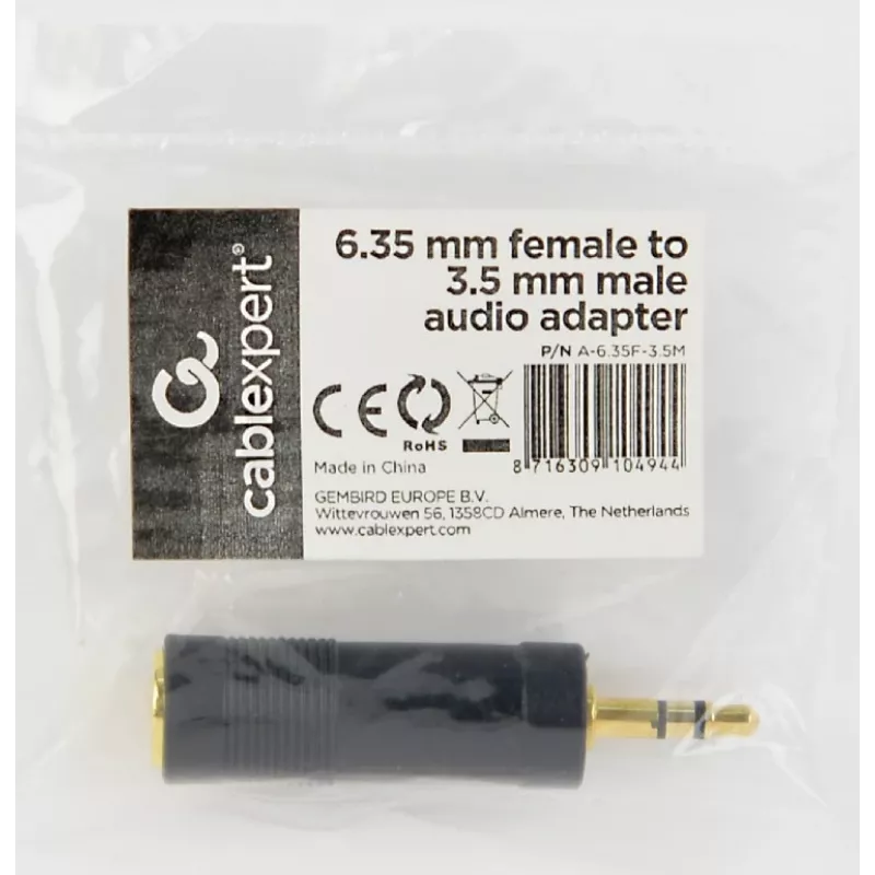 Adaptador de audio Cablexpert jack hembra 6,35 mm a jack macho 3,5 mm | A-6.35F-3.5M