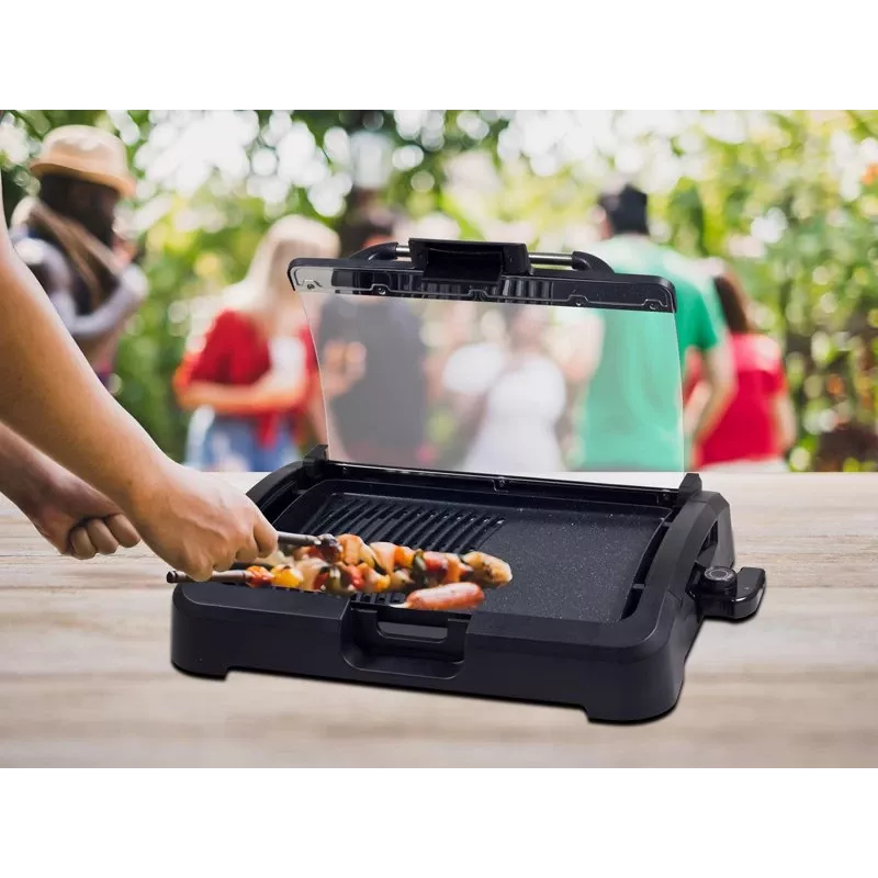 Beper 90.871 barbacoa eléctrica, placa antiadherente de 39 x 29 cm, tapa de cristal, 2200 W, negra
