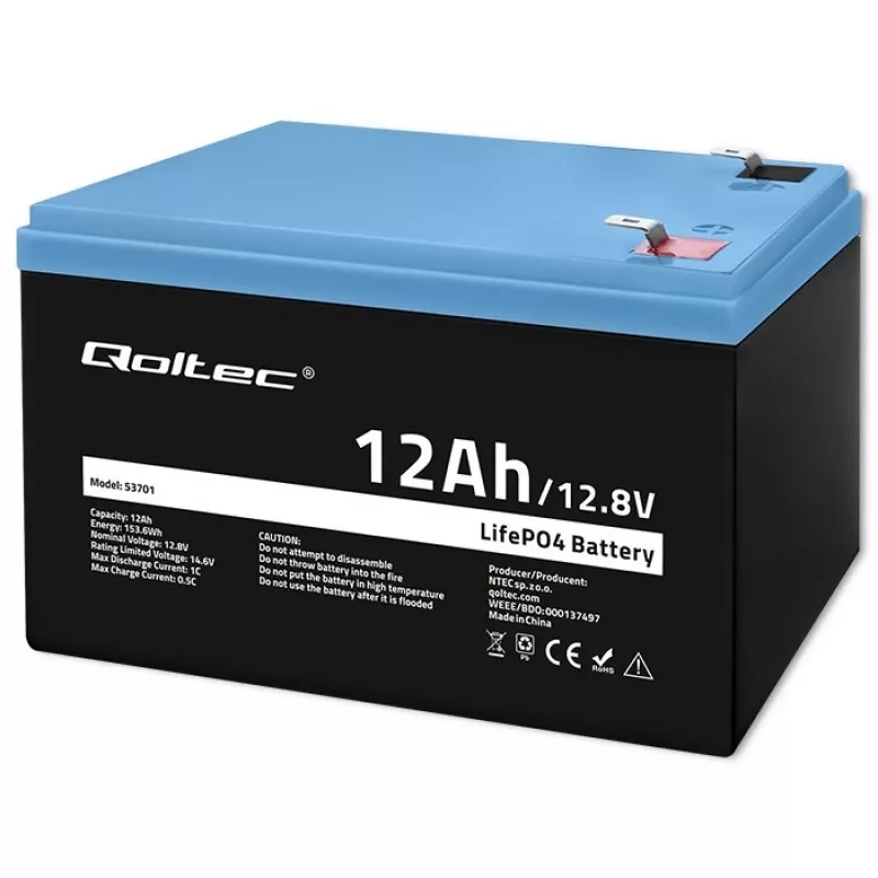 Batería LiFePO4 Litio Hierro Fosfato Qoltec 12,8 V 12 Ah 153,6 Wh con BMS