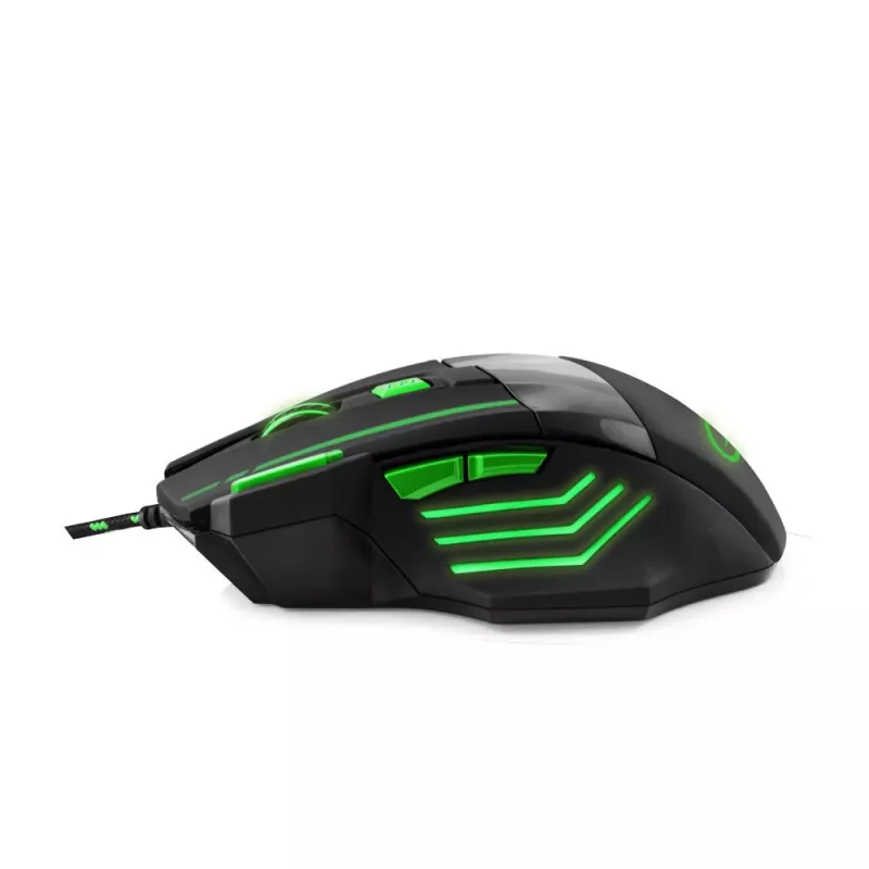 Ratón gaming con cable ESPERANZA EGM201G — para diestros, óptico 2400 DPI, 7 botones, USB Type-A, cable 1,5 m, negro/verde
