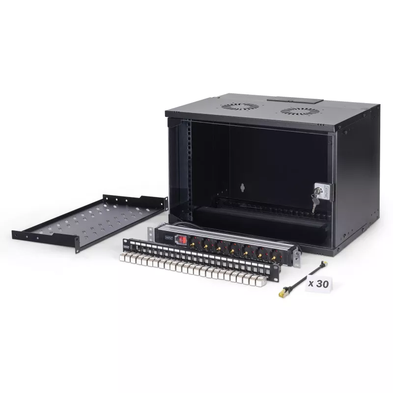 DIGITUS SOHO Pro DN-49203-SET 19" 7U set de red para montaje en pared con accesorios, 540 x 400 mm, negro