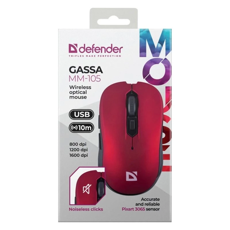 Ratón inalámbrico RF silencioso DEFENDER Gassa MM-105 — Ambidiestro, 1600 DPI, 2,4 GHz, receptor nano USB