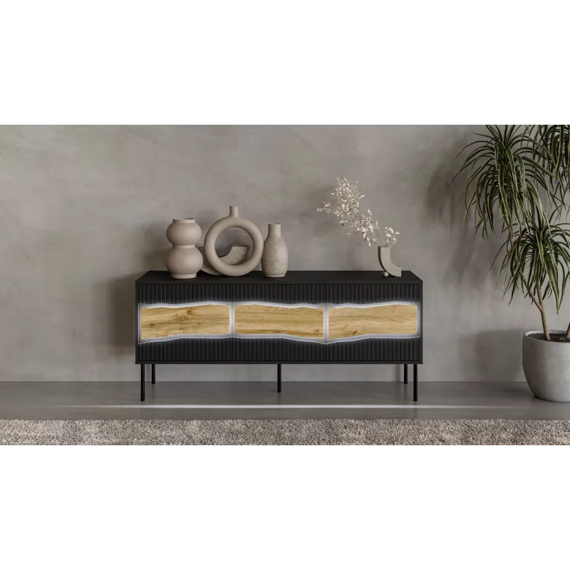Mueble TV cama meble INSERTO 3D 143,5x40x61,5 cm negro con LED, parte superior de aglomerado