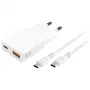 Cargador de dispositivo móvil de interior AC 4smarts 541509 — 100–240V, USB-A + USB-C, cable de 1,5 m, carga rápida, blanco
