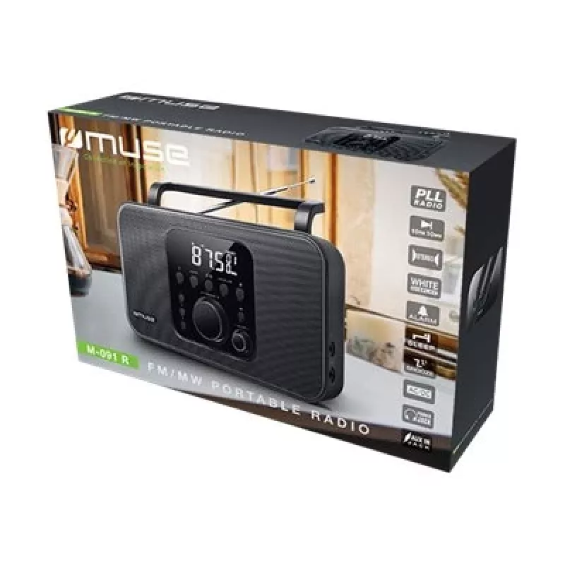 Muse M-091R radio portátil, FM/AM, pantalla LCD, alarma, entrada AUX, alimentación por red/pilas, negra