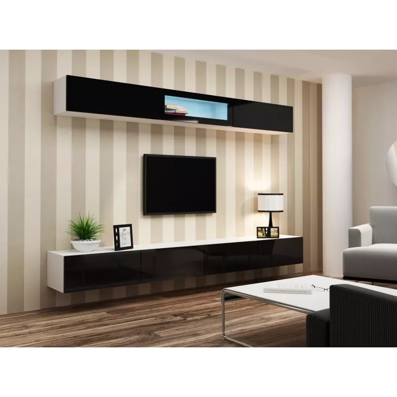 Conjunto de armarios de salón Cama VIGO 12 blanco/negro brillante