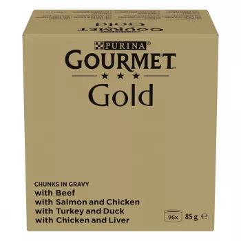 Multipack de comida húmeda Purina Nestlé GOURMET Gold Trozos en salsa — 96 x 85 g, 8,16 kg, mix de 4 sabores
