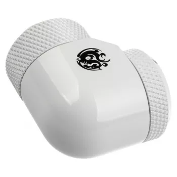 Adaptador 90° G1/4 rosca macho a tubo rígido de 14 mm, giratorio — BitsPower BP-DWE90RML14, blanco