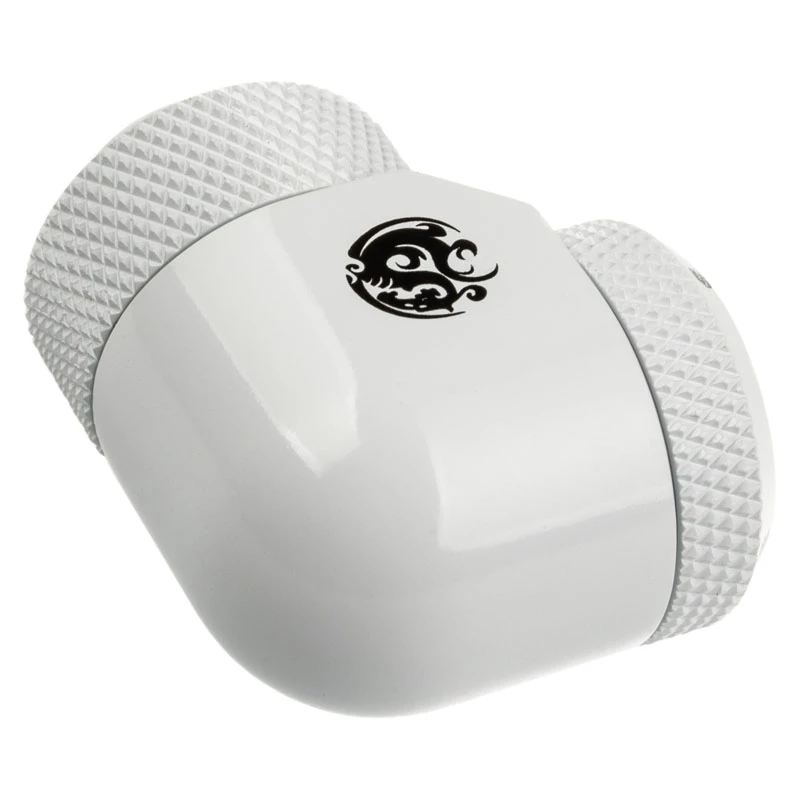 Adaptador 90° G1/4 rosca macho a tubo rígido de 14 mm, giratorio — BitsPower BP-DWE90RML14, blanco