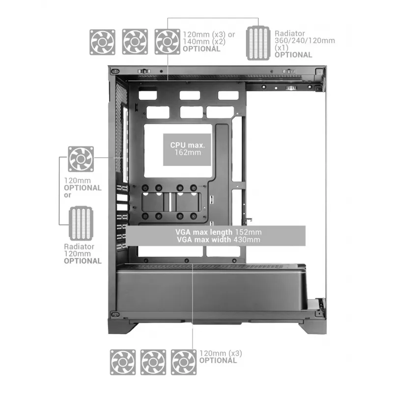 Caja de PC semitorre TACENS Mars Gaming MCPRISMA, negra, cristal templado, compatible con ATX/Micro-ATX/Mini-ITX, 2x bahías de 3,5