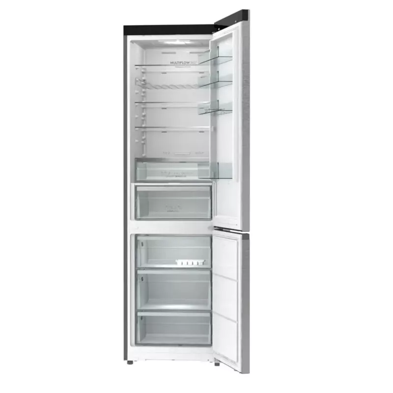 Gorenje NRB620E61X4WFE frigorífico combi, de libre instalación, NoFrost, 413 l (283 l frigorífico + 130 l congelador inferior), pantalla electrónica, iluminación LED, clase energética E, acero inoxidable