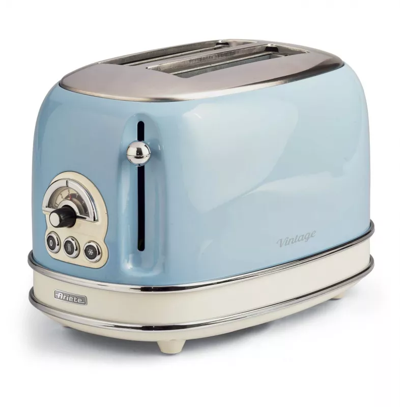 Tostadora Ariete 155 Design 2 rebanadas con cestas para sándwich, 6 niveles de tostado, 810 W, carcasa de acero inoxidable, bandeja recogemigas extraíble, azul pastel