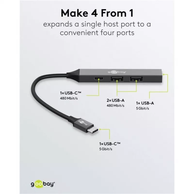 Hub USB Goobay Slim de 4 puertos, USB-C™ a USB-C™/USB-A, USB 3.2 (74459)