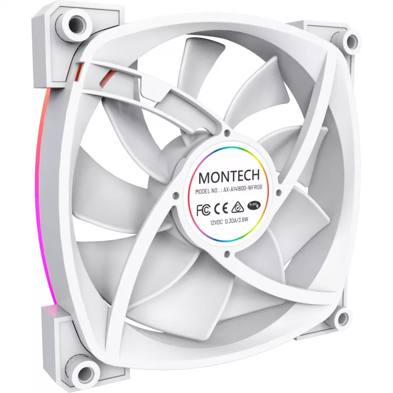 Ventilador de caja Montech AX140 PWM 140 mm, rodamiento Rifle, 540–1760 RPM, blanco