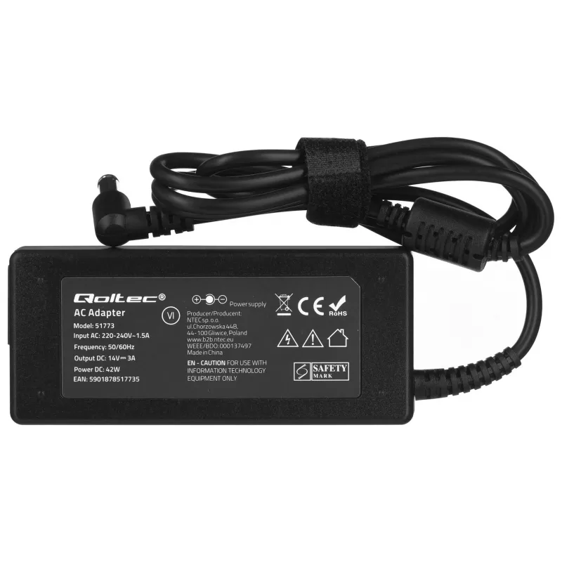 Qoltec 51773 adaptador de corriente CA para monitores Samsung, 42 W, 14 V 3 A, conector de 6,5x4,4 mm, entrada 220–240 V 50/60 Hz