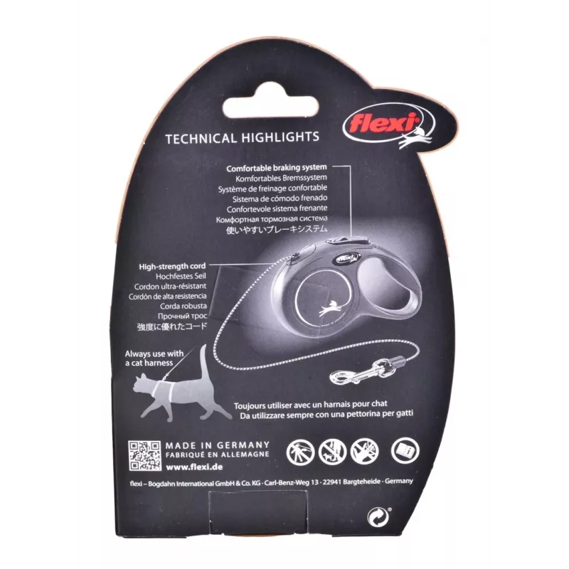 Correa retráctil Flexi New Classic Cat XS 3 m — correa de cordón para mascotas pequeñas, negra, carga máx. 8 kg