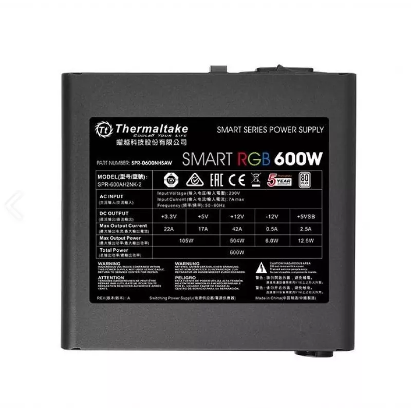 Thermaltake SMART RGB PS-SPR-0600NHSAWE-1 - Fuente de alimentación (interna) - ATX12V 2.3 - 80 PLUS - AC 230 V - 600 Watt - PFC activo - negro