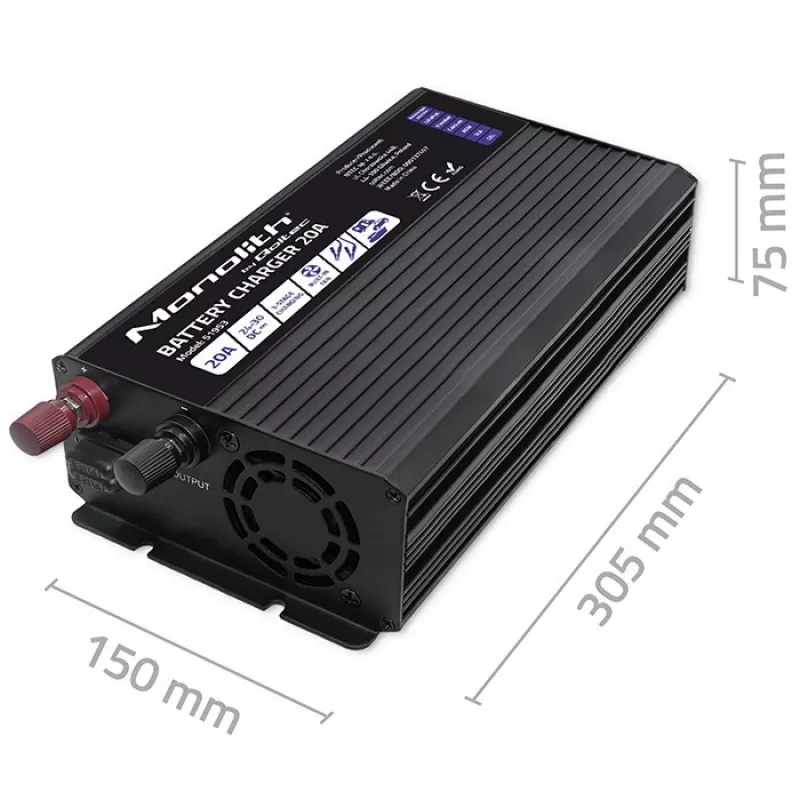 Cargador de baterías inteligente Qoltec Smart Monolith para baterías LiFePO4 AGM GEL SLA | 20A | 24V