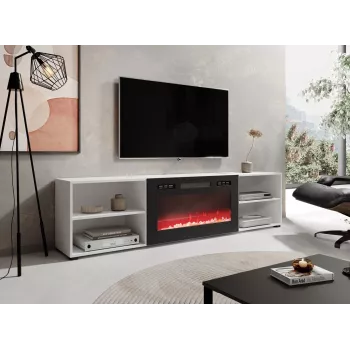 Mueble RTV POLO 200x33x50.5 blanco + chimenea negra