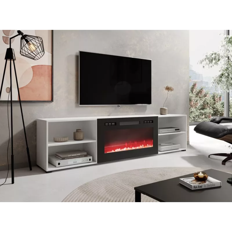 Mueble RTV POLO 200x33x50.5 blanco + chimenea negra