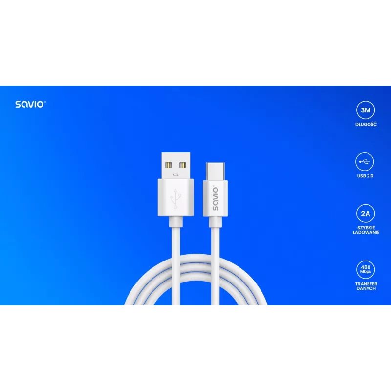 Cable USB 2.0 SAVIO CL-168, USB A (conector macho) a USB C (conector macho), 3 m, blanco
