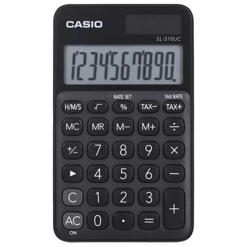 Calculadora básica CASIO SL-310UC-BK – 10 dígitos, pila/solar, funciones de impuesto y beneficio, formato de bolsillo (70×118×8,4 mm), negra