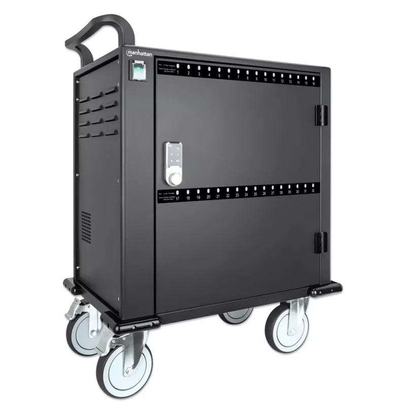 Manhattan Carro/Carrito de carga de 32 tomas por USB-C para iPad hasta 13 pulgadas, MacBook Air hasta 13 pulgadas y Chromebook hasta 14 pulgadas, también otros tablets/smartphones (con cable dispositivo a USB-C), compartimentos 330x22x235 mm, cable de carga de dispositivo no incluido (recomendado cable USB-C 35