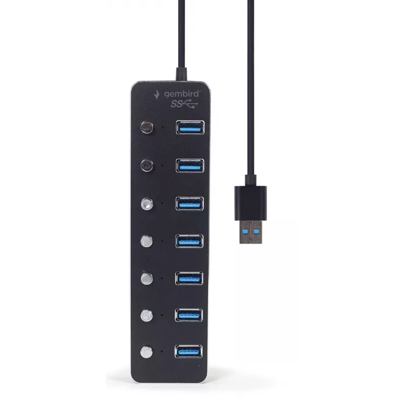 Hub USB Gembird UHB-U3P7P-01, 7 puertos USB 3.2 Gen 1 (Type-A), cable de 0,24 m, negro