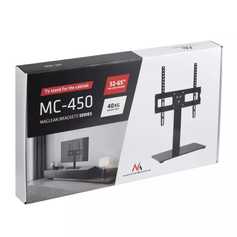 Soporte de TV MACLEAN MC-450 para TVs de 32–65 pulgadas, carga máx. 40 kg, VESA hasta 400×400, base de mesa/escritorio