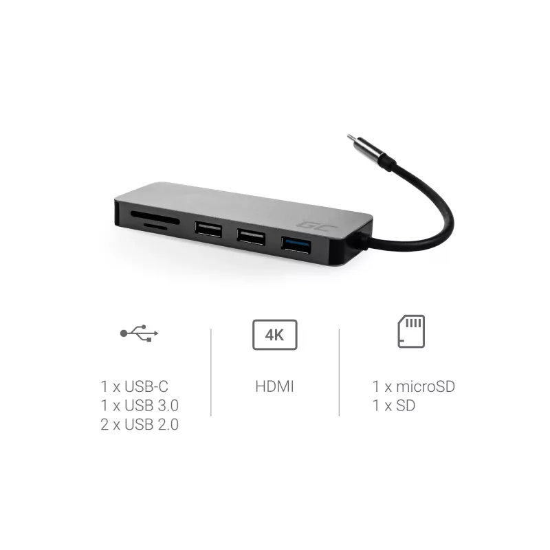 Green Cell AK50 - USB 3.2 Gen 1 (3.1 Gen 1) Type-C - USB 2.0 - USB 3.2 Gen 1 (3.1 Gen 1) Type-A - USB 3.2 Gen 1 (3.1 Gen 1) Type-C - MicroSD (TransFlash) - SD - Plata - Apple MacB