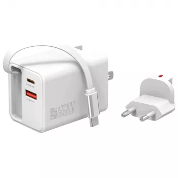 Cargador rápido USB-C/USB-A de interior 4smarts 541065 — Universal AC 100–240V, Max 20V, cable de 0,7 m, blanco