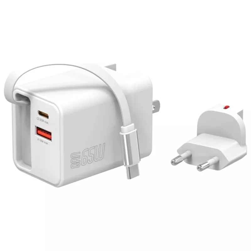 4smarts 541065 GaN Flex Jojo 65W cargador de pared, 2x USB-C PD + USB-A QC 3.0, cable USB-C retráctil, 100-240V, blanco