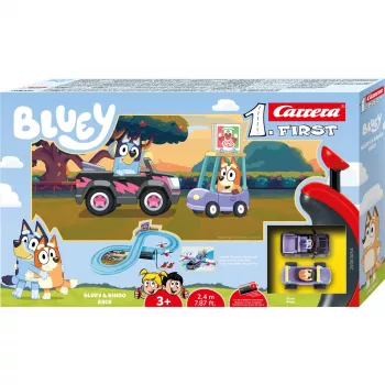 Circuito de carreras CARRERA FIRST Bluey & Bingo Race para niños – set de iniciación slotcar