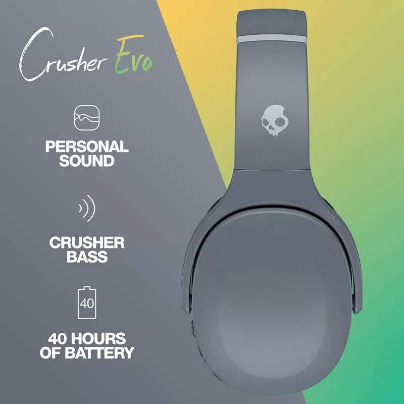 Auriculares Skullcandy Crusher Evo — con cable y Bluetooth, gris, 40 h de batería, USB-C, AUX, plegables