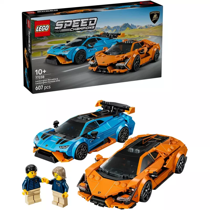 Set de construcción LEGO Speed Champions 77238 — Lamborghini Revuelto y Huracán STO, 607 piezas, 2 minifiguras, edad recomendada 10+