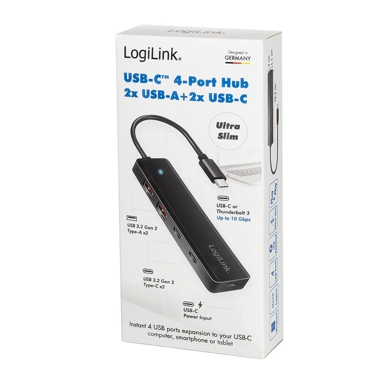 Hub USB-C, 4 puertos 2x USB-A, 2x USB-C, Negro