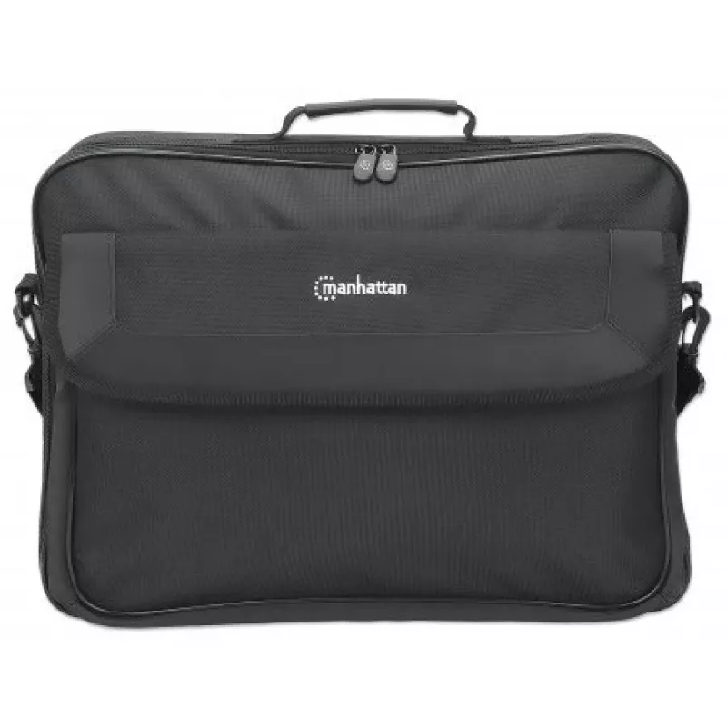 Manhattan Cambridge funda para portátil 17,3 pulgadas, diseño clamshell, negro, LOW COST, compartimento para accesorios, compartimento para documentos en la parte trasera, correa para el hombro (extraíble), compatible con Targus CN418EU, funda para portátil, tres años de garantía