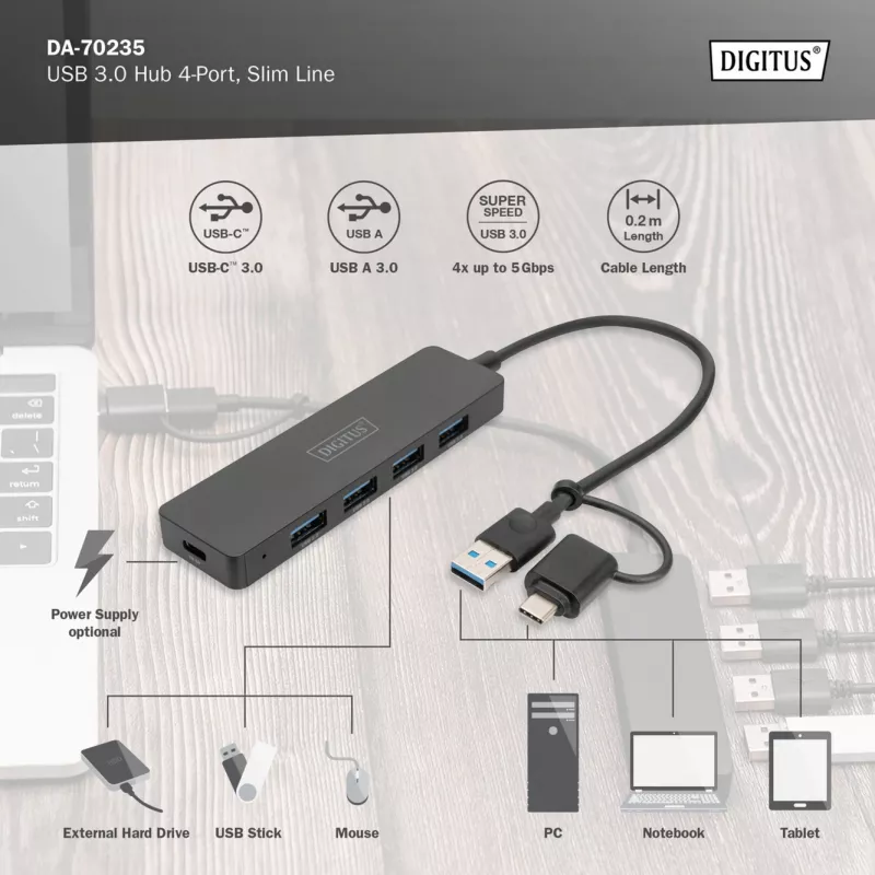 Hub USB, Digitus, DA-70235, 4 puertos, USB 3.2 Gen 1, Type-A y Type-C, 12000 Mbit/s