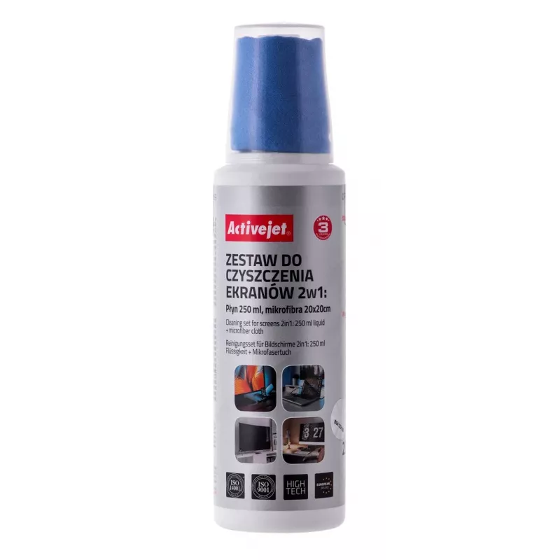 Paños y líquido de limpieza de equipos ActiveJet AOC-269, paño de microfibra 200x200 mm, spray 250 ml, 2 uds.
