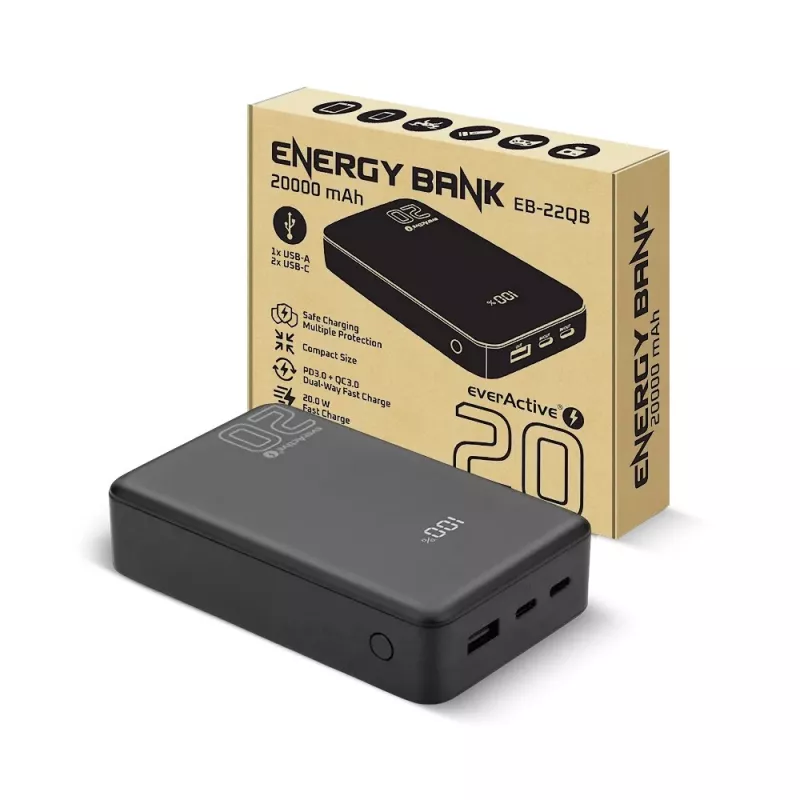 Batería externa everActive EB-22QB 20.000 mAh, 2× USB-C 20W, Quick Charge 4.0