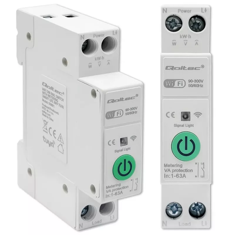 Relé WiFi para carril DIN QOLTEC 50881 — relé de conmutación de red 63A para instalaciones eléctricas